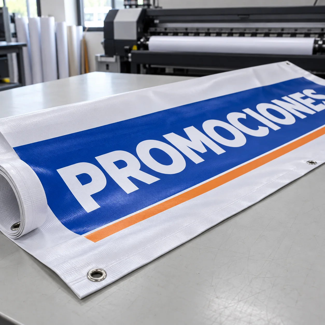 Ejemplo visual de una lona publicitaria impresa con ojillos